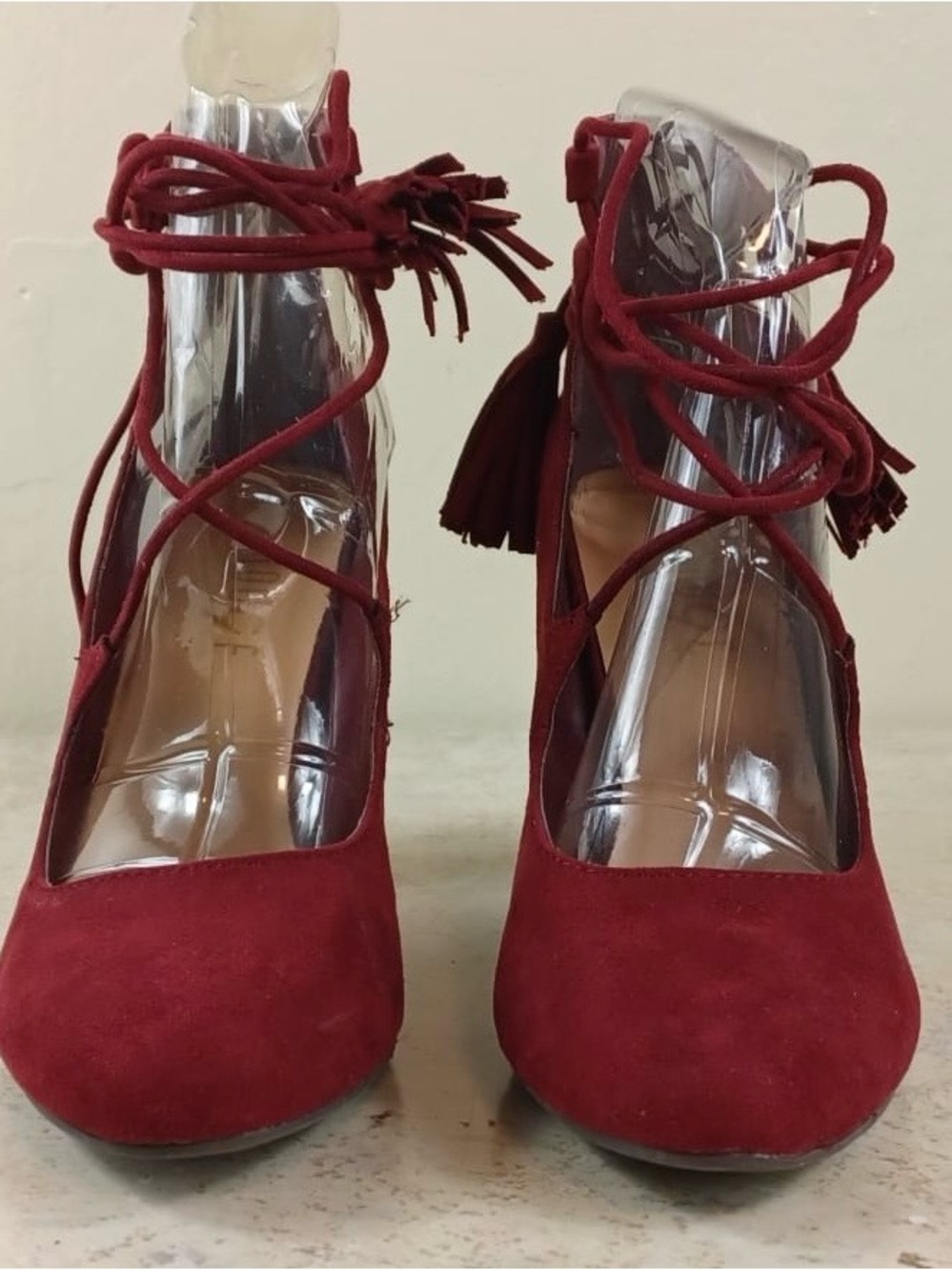 Rouge Helium Red Suede Lace-Up Block Heel Pumps - Picture 4 of 8